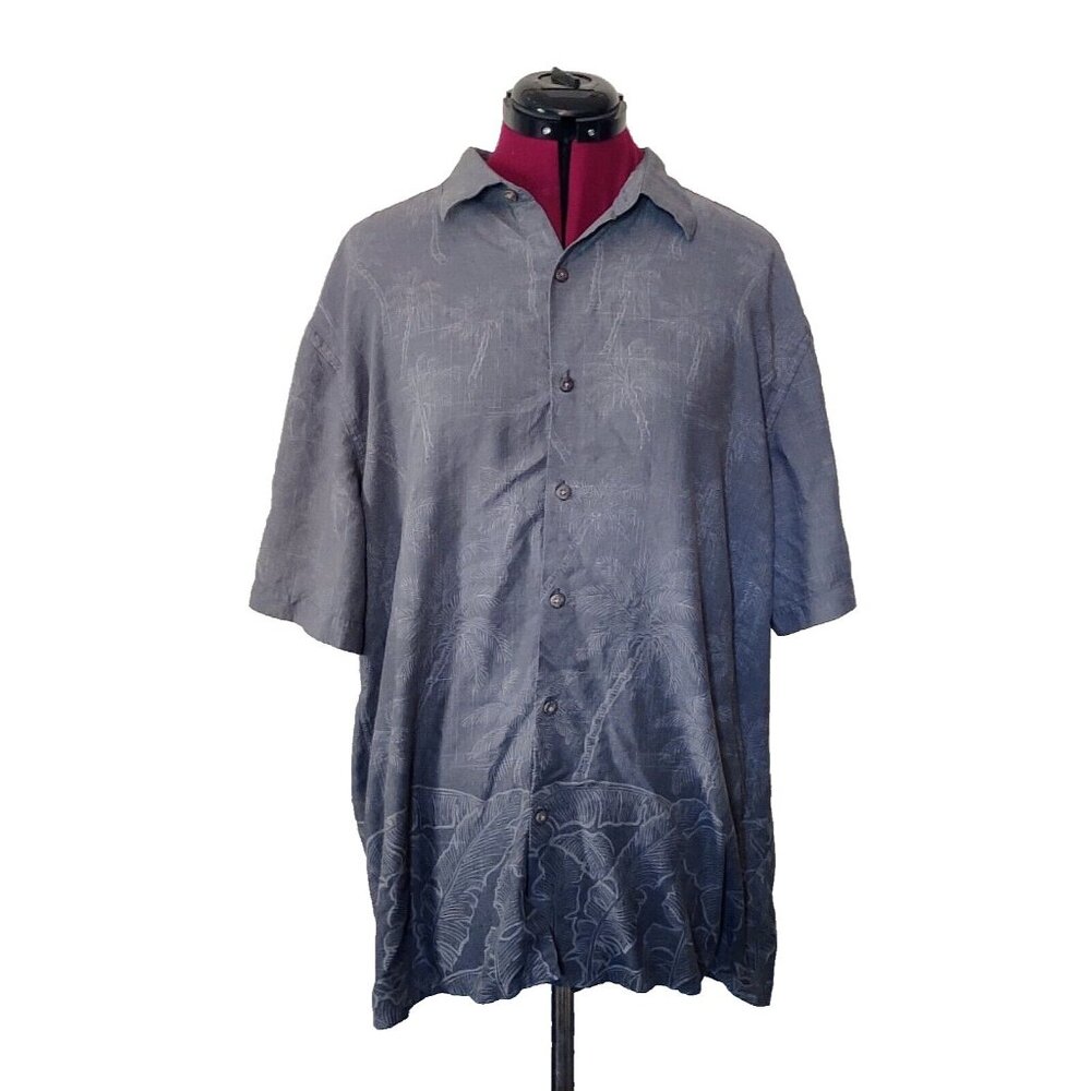Island Shores Hawaiian Shirt Gray Mens Large Palm Tree Print Short Sleeve Casual